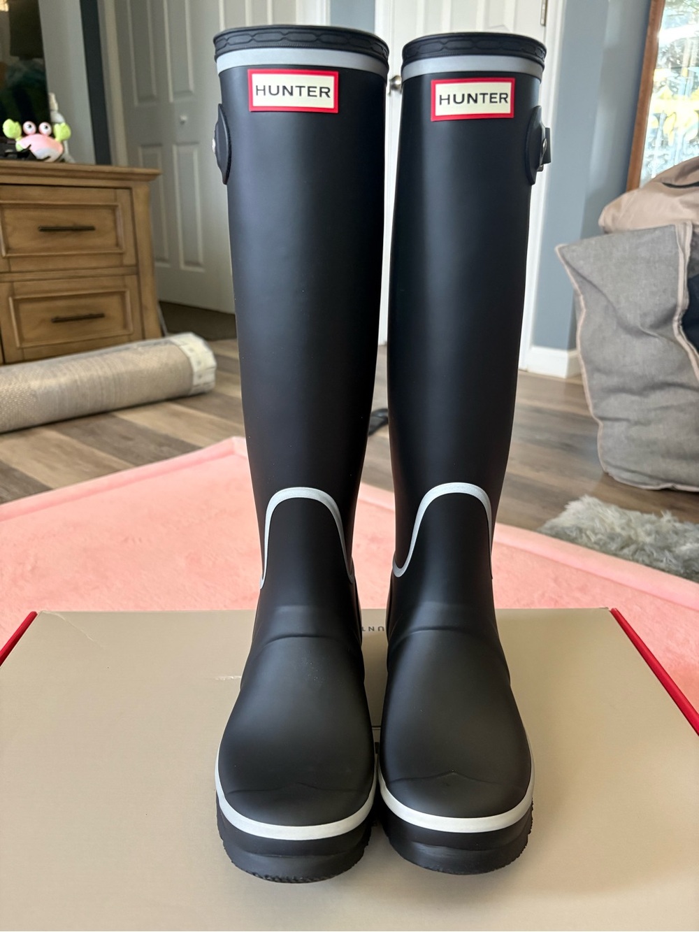 Hunter Women’s Tall Black Rain Boots with White Trim and Red Logo